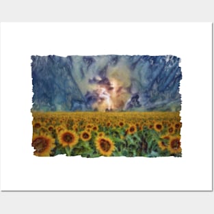 Sunflowers In A Lightning Storm Impressionist Style Painting Posters and Art